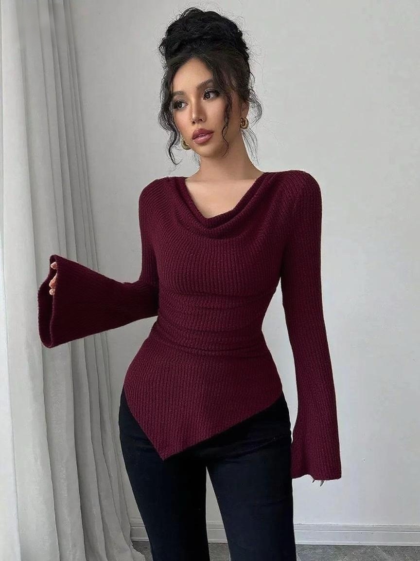 Ribbed Off-Shoulder Slim Fit Knit Long Sleeve Top
