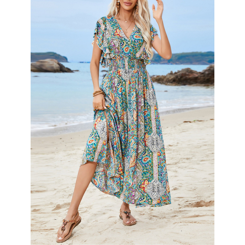V-Neck Open-Back Floral Ruffle Short-Sleeve Slit Boho Vacation Dress