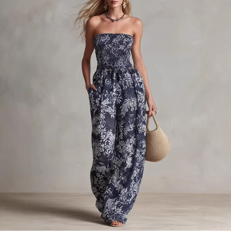 Navy Botanical Print Chiffon Off-Shoulder Jumpsuit with Detachable Straps