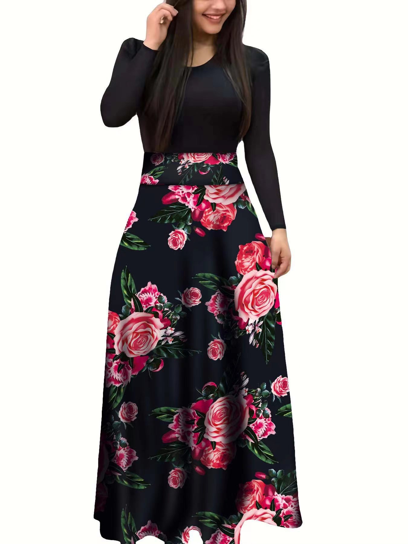Floral Print Colorblock Long & Short Sleeve Dress