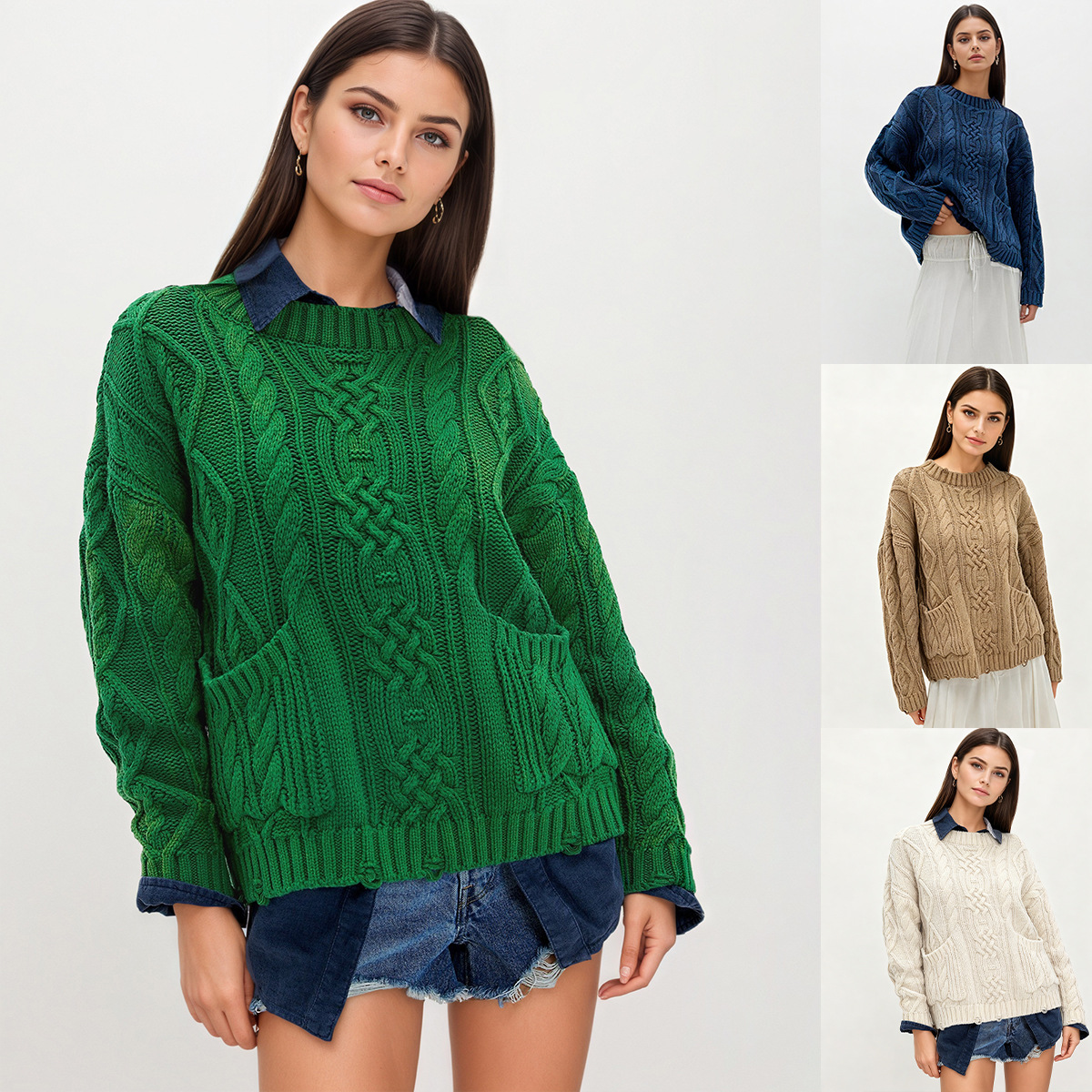 Cable-Knit Crewneck Pullover Sweater with Pockets
