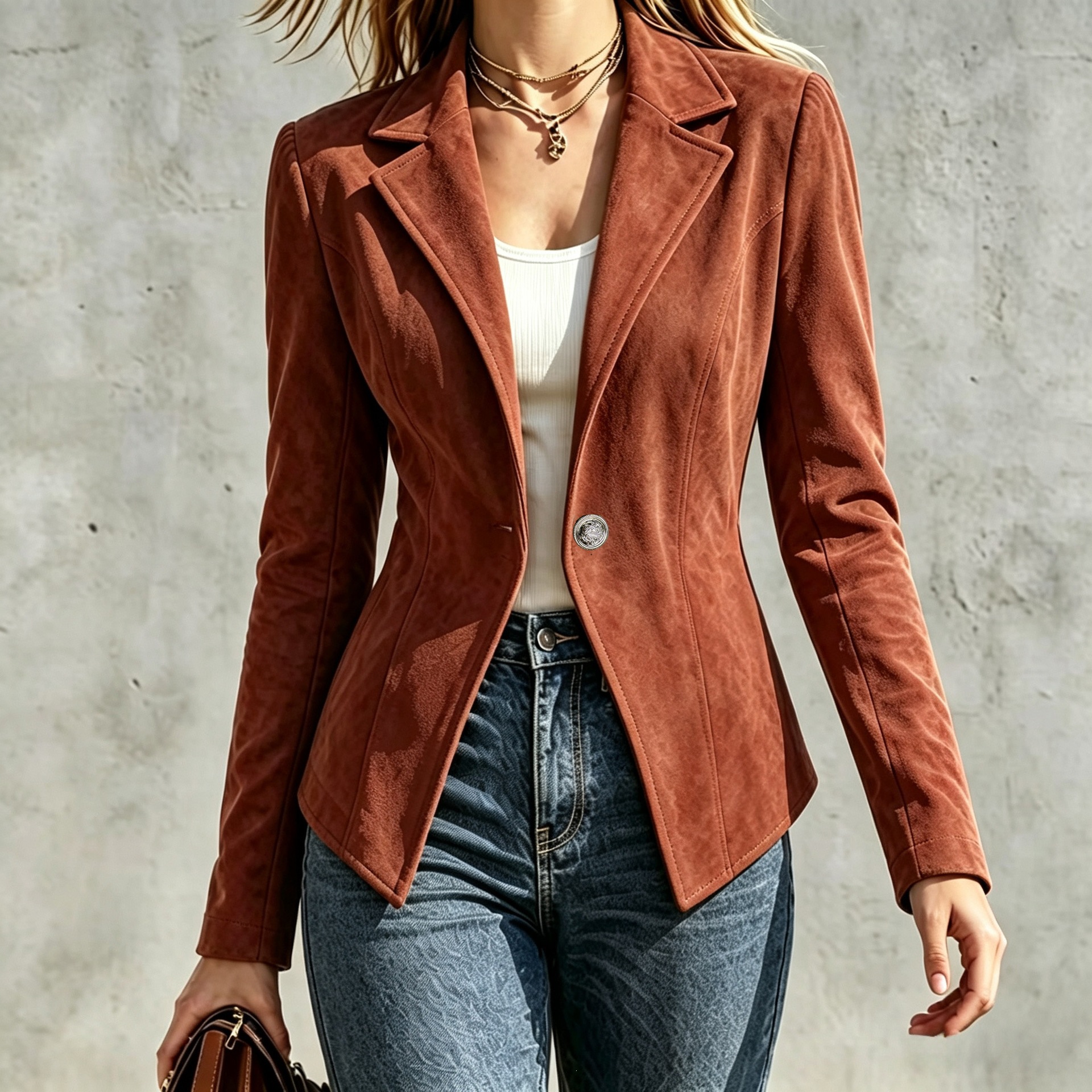 Suede Women's Jacket with Lapel Collar and One-Button Closure
