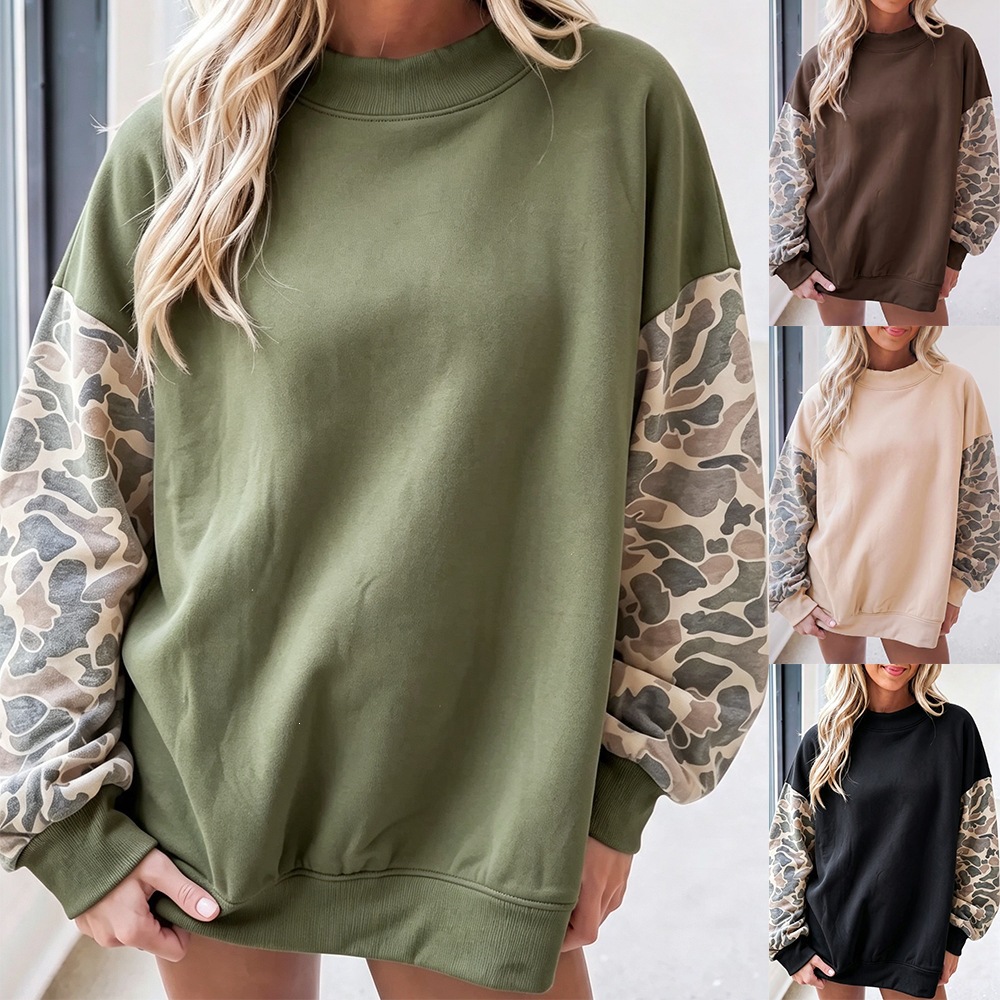 Women's Loose Half-Turtleneck Camo Fleece Pullover Sweatshirt
