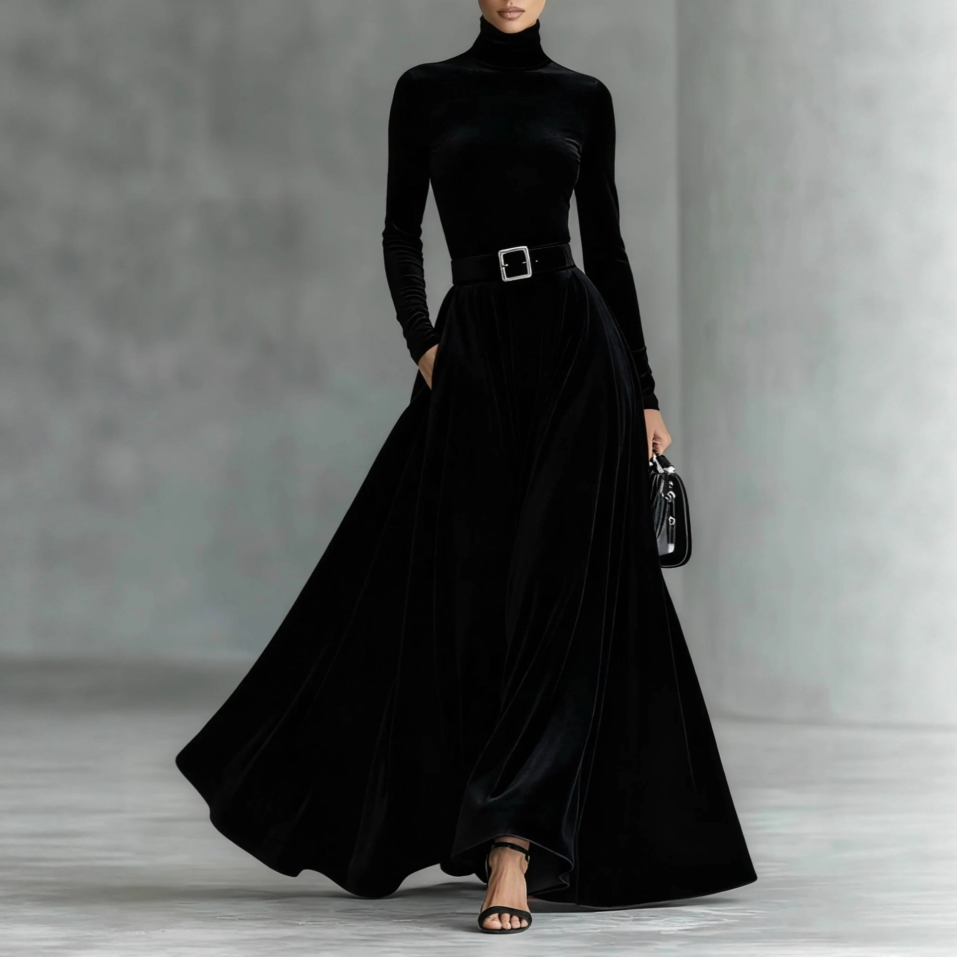 High Neck Velvet Bodycon Midi Dress Long Sleeve Party Cocktail