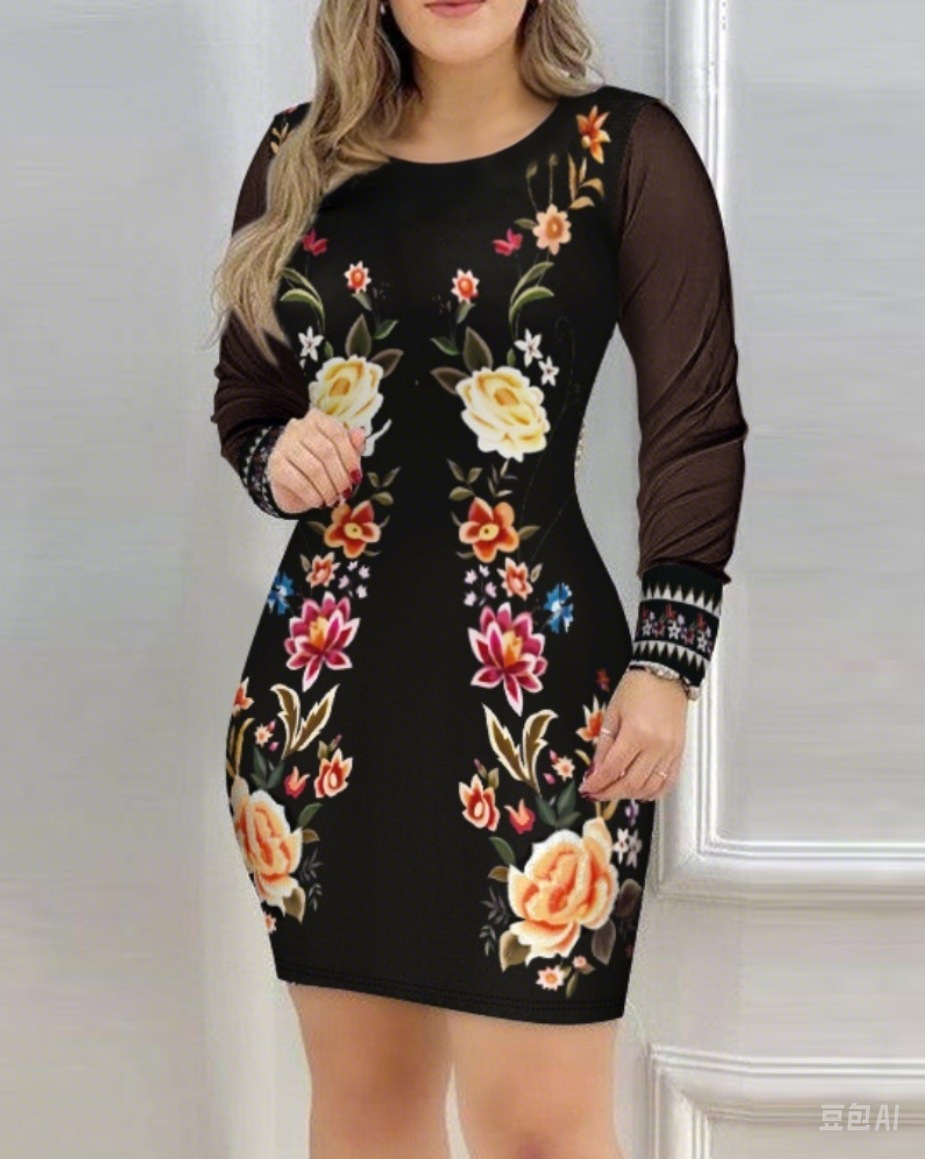 Women's Mesh Long Sleeve V-Neck Slim Fit Floral Print Dress