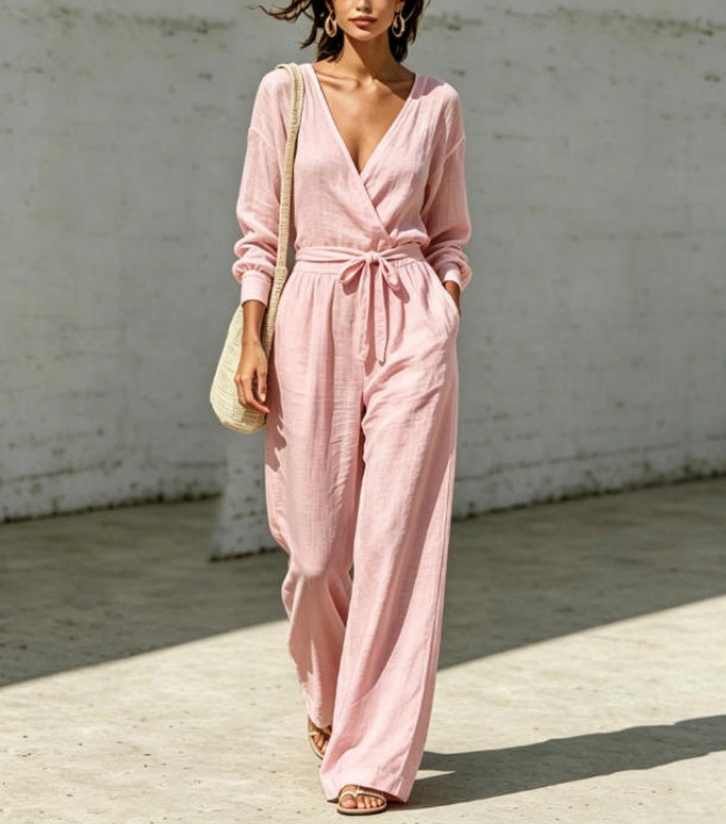 Women's V-Neck Tie-Front Shirt & Pants Set Summer Commuter Casual