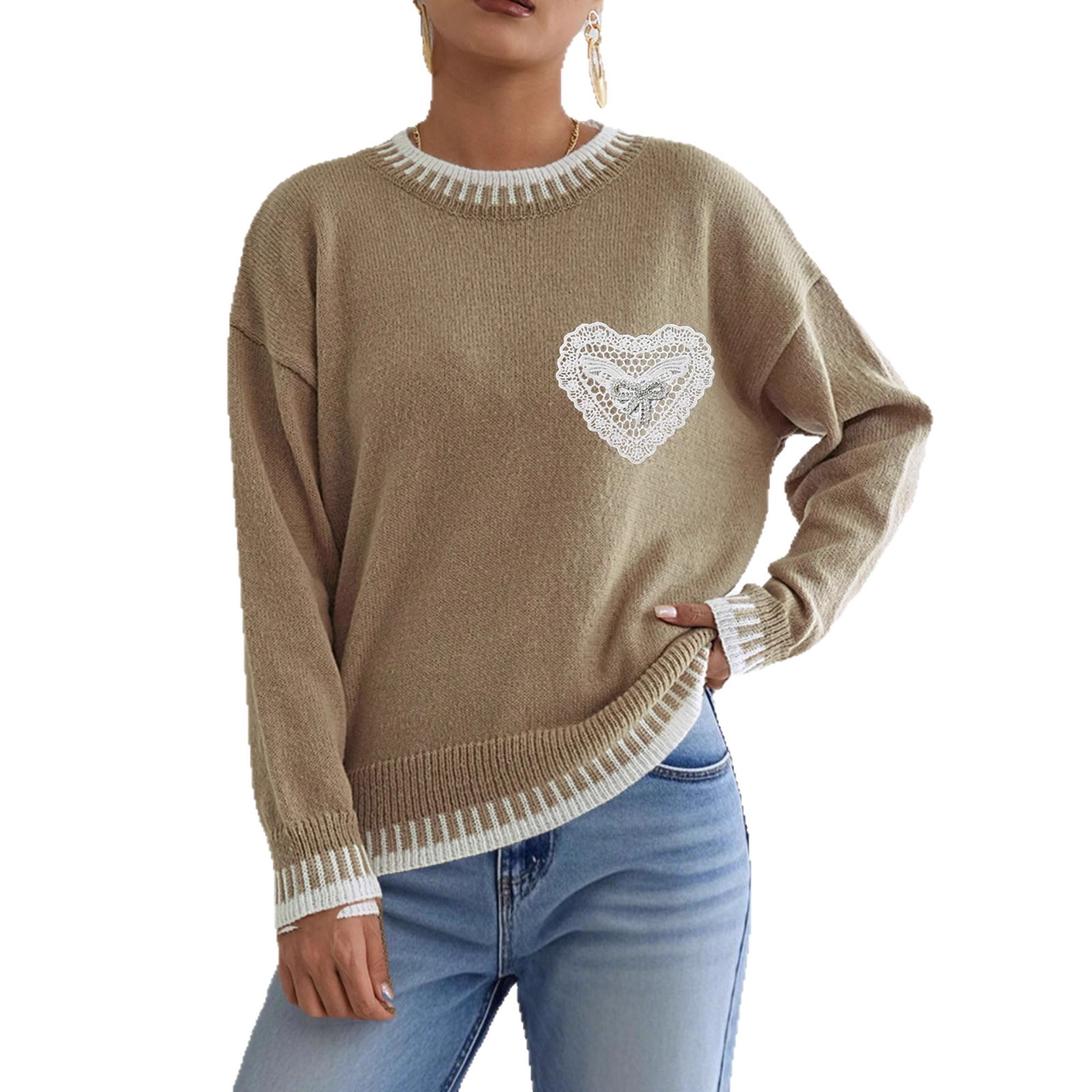 Colorblock Butterfly Lace Heart Pocket Pullover Sweater