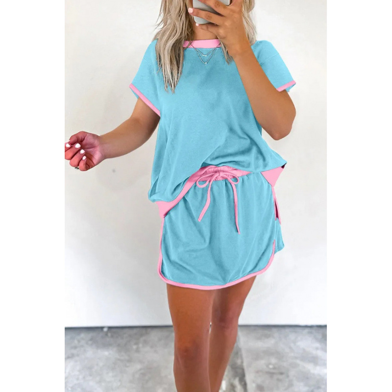 Color-Block Drop-Shoulder Short-Sleeve T-Shirt and Shorts Two-Piece Set