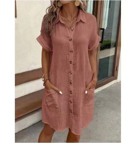 V-Neck Button Cotton-Linen Shirt Dress Women's Casual Vacation Dress