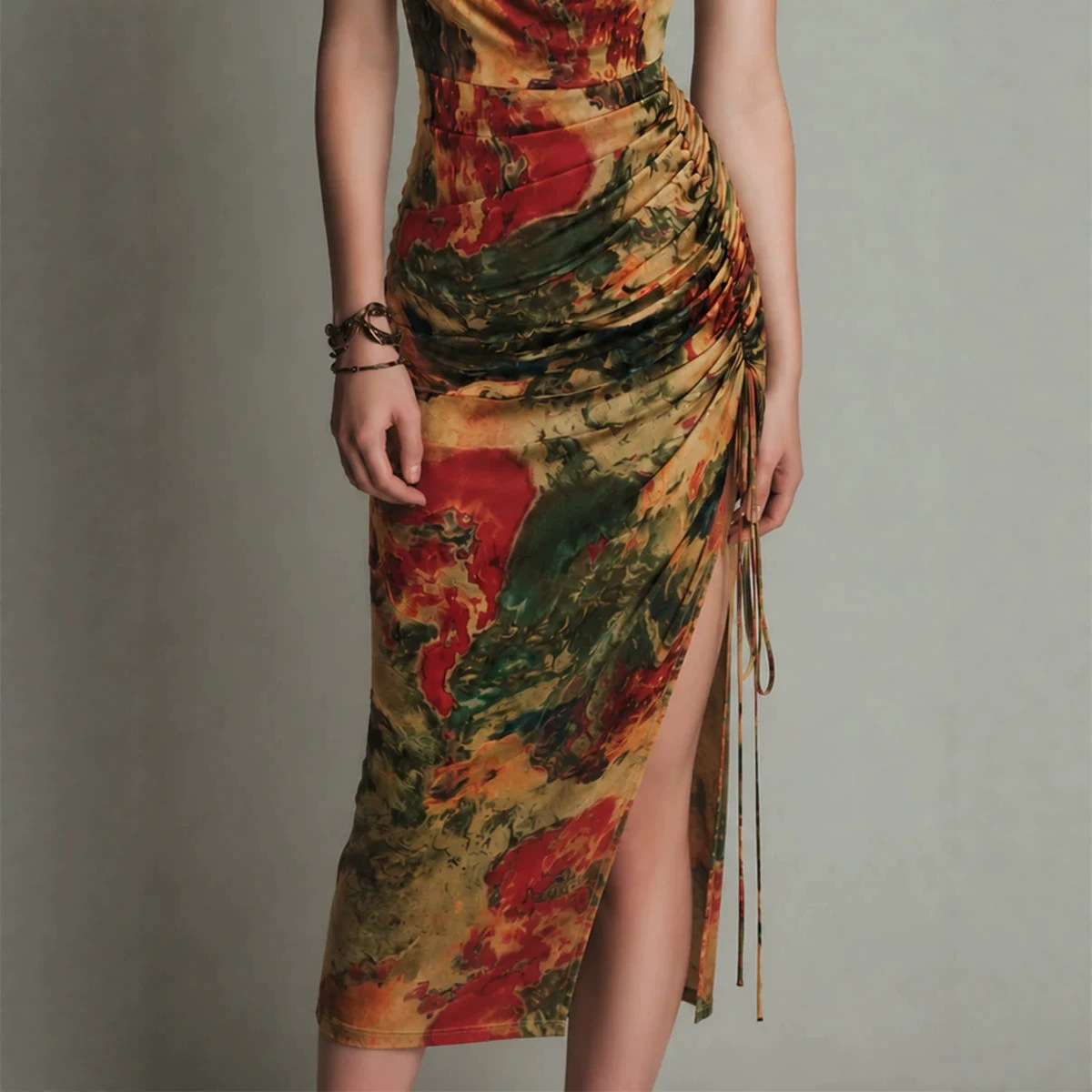 Floral Cami Ruffle Slit Midi Dress