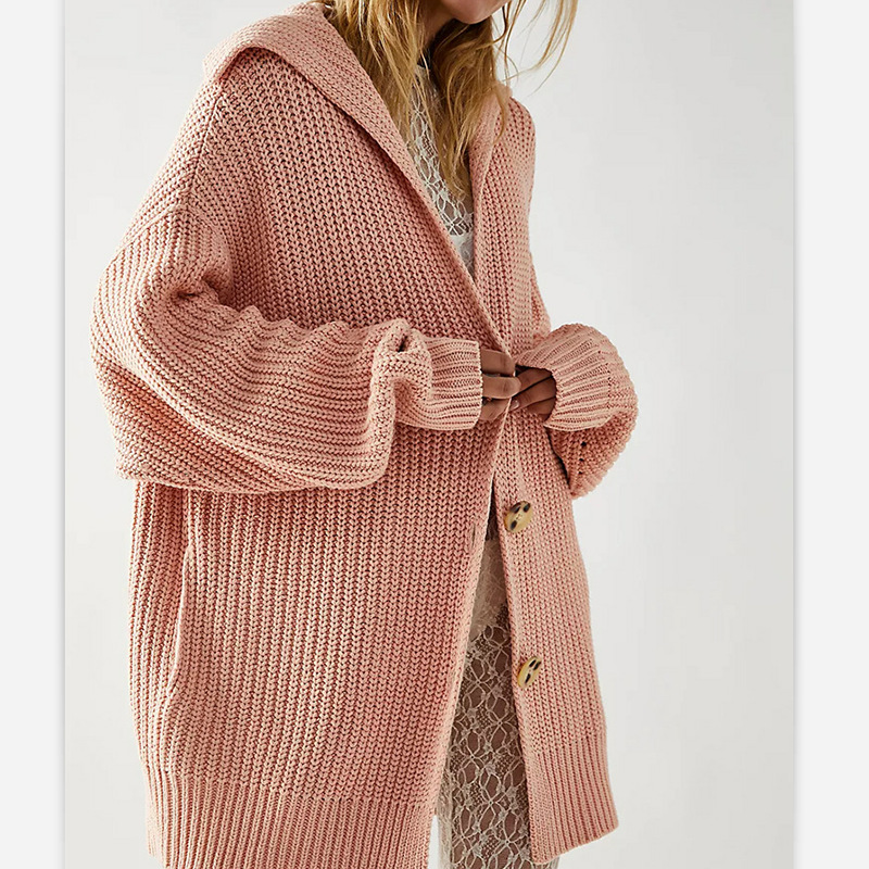 Women's Solid Color Lapel Collar Button-Down Midi Knit Cardigan with Pockets