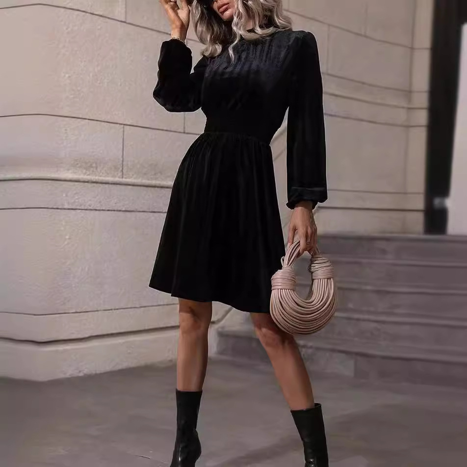 Velvet Long Sleeve Midi Dress with Stand Collar and Puff Sleeves