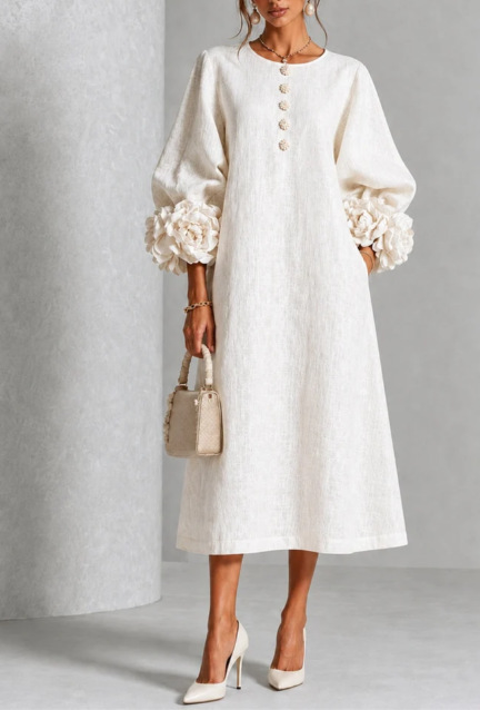 French 3D Floral Lantern Sleeve Cotton Linen Midi Dress