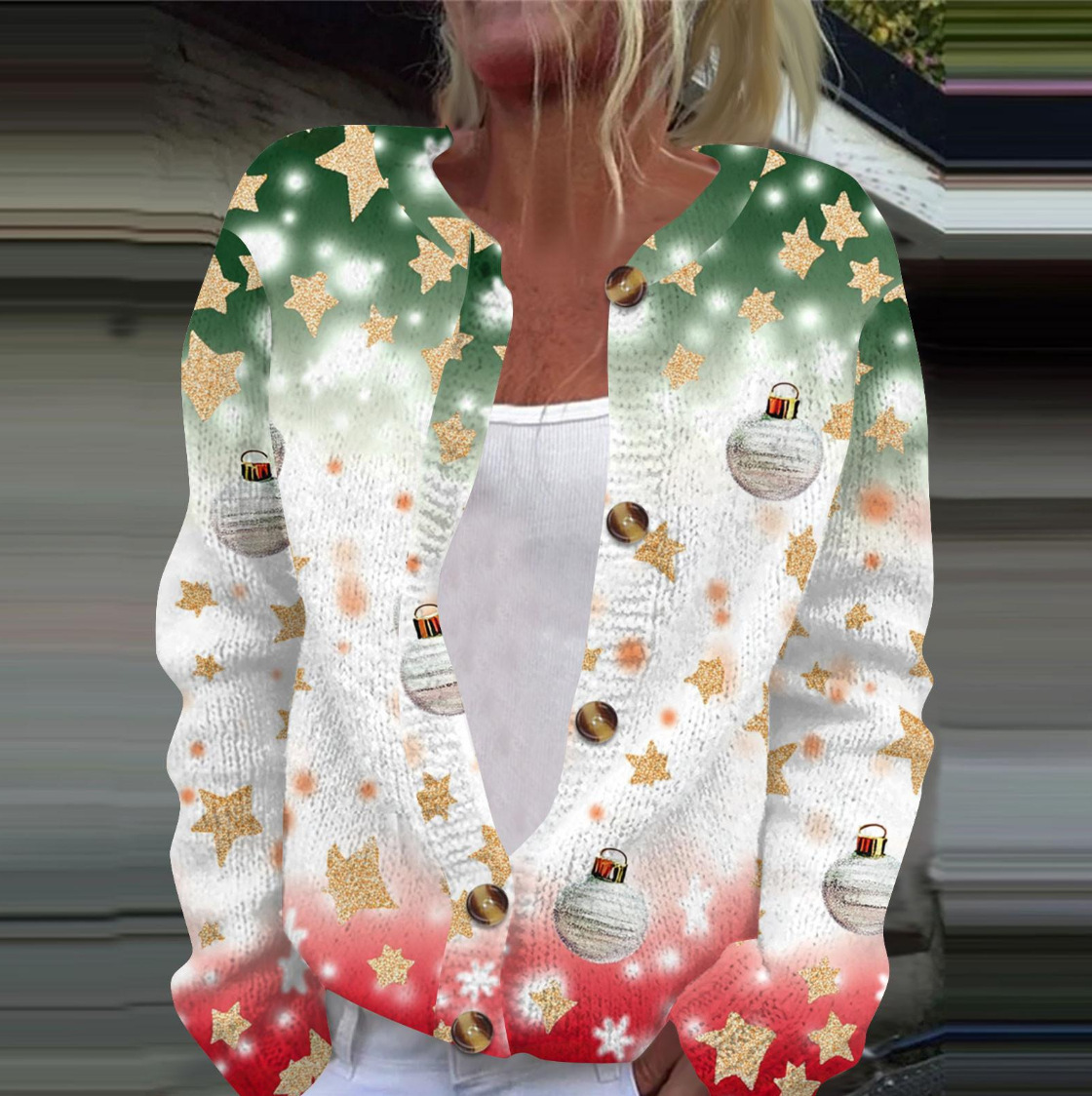 Women's Christmas Snowflake Reindeer Print Button Cardigan Sweater