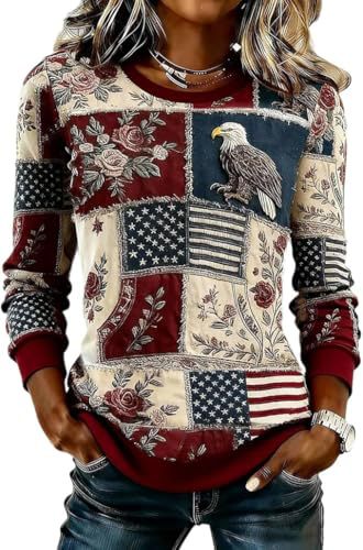 Women's American Flag Floral Print Crewneck Sweatshirt