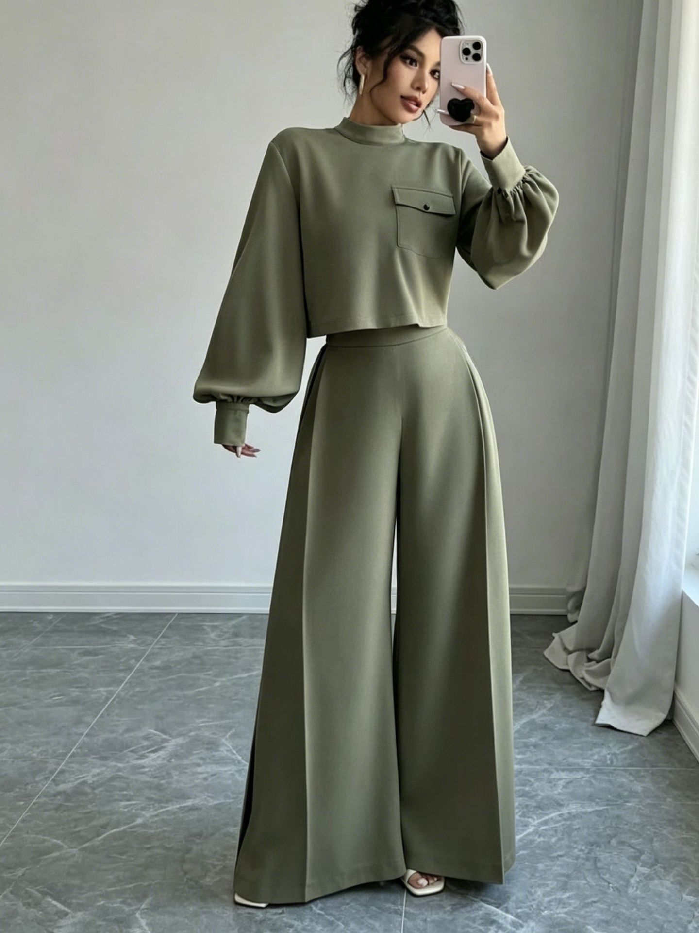 Women's Solid Wide-Leg Pants Set with Lantern-Sleeve Crop Top