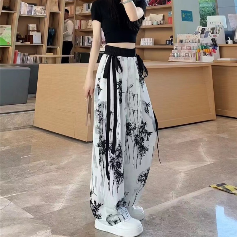 Women's New Chinese Style Ice Silk Chiffon Wide-Leg Pants Ink Wash Straight-Leg
