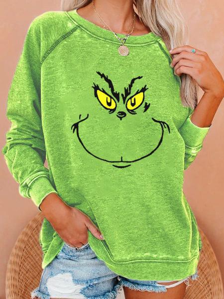 Women's Christmas Grinch Smiley Face Crewneck Sweatshirt