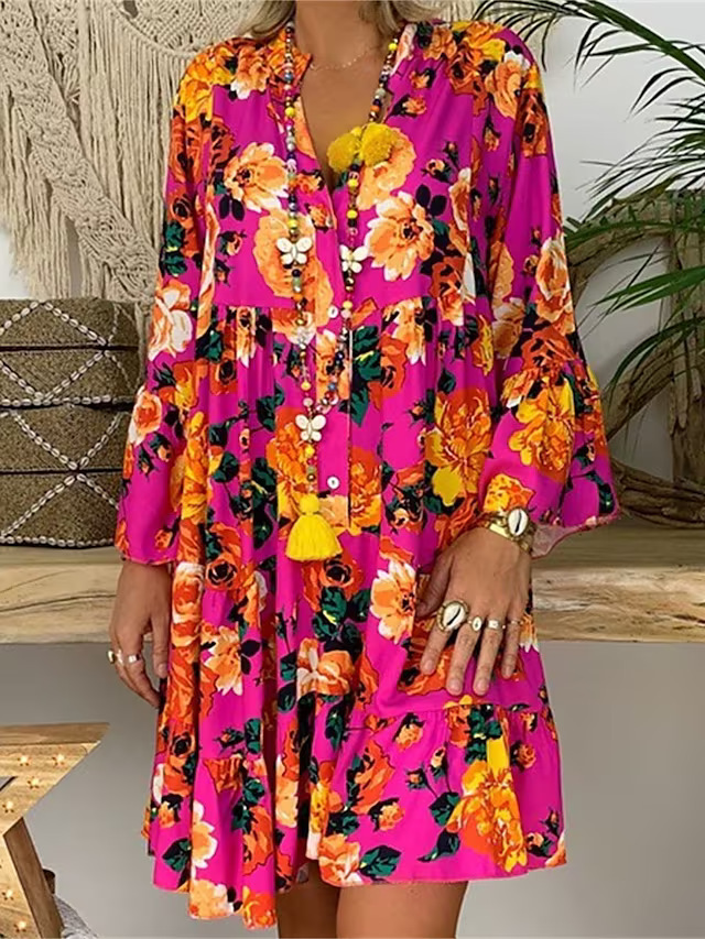 Floral Print 3/4 Sleeve Ruffle A-Line Dress V-Neck Loose Fit