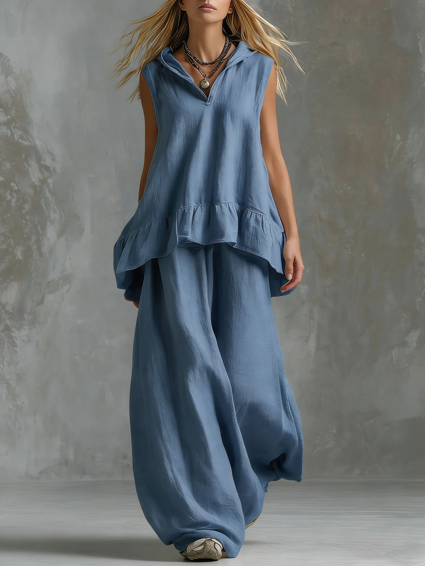 Women's Solid V-Neck Sleeveless Top and Wide-Leg Pants Casual Two-Piece Set