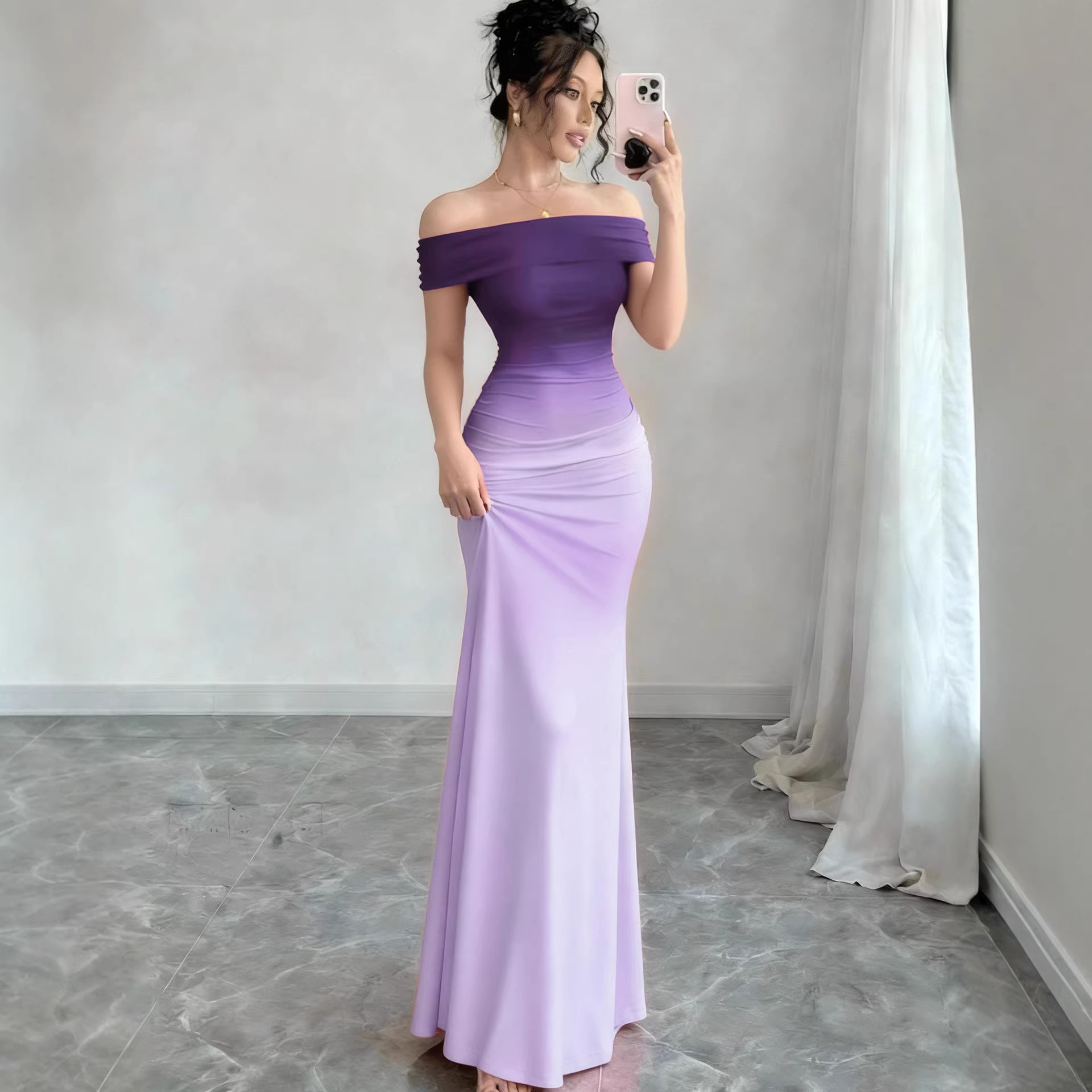 Women's Gradient Off-Shoulder Short Sleeve Bodycon Long Dress