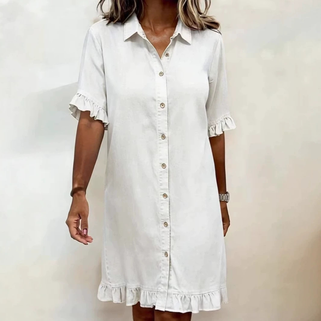 Women's Ruffle Cuff Loose Shirt Denim Dress