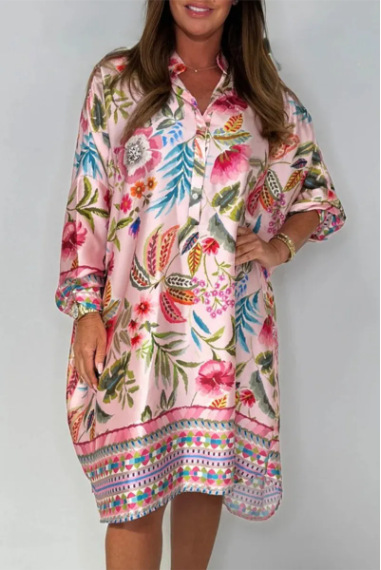 Women's V-Neck Floral Print Midi A-Line Dress with Puff Sleeves