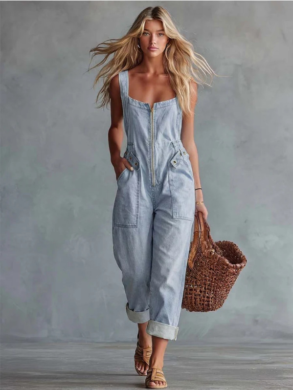 Women's Vintage Square Neck Front Zip Denim Jumpsuit