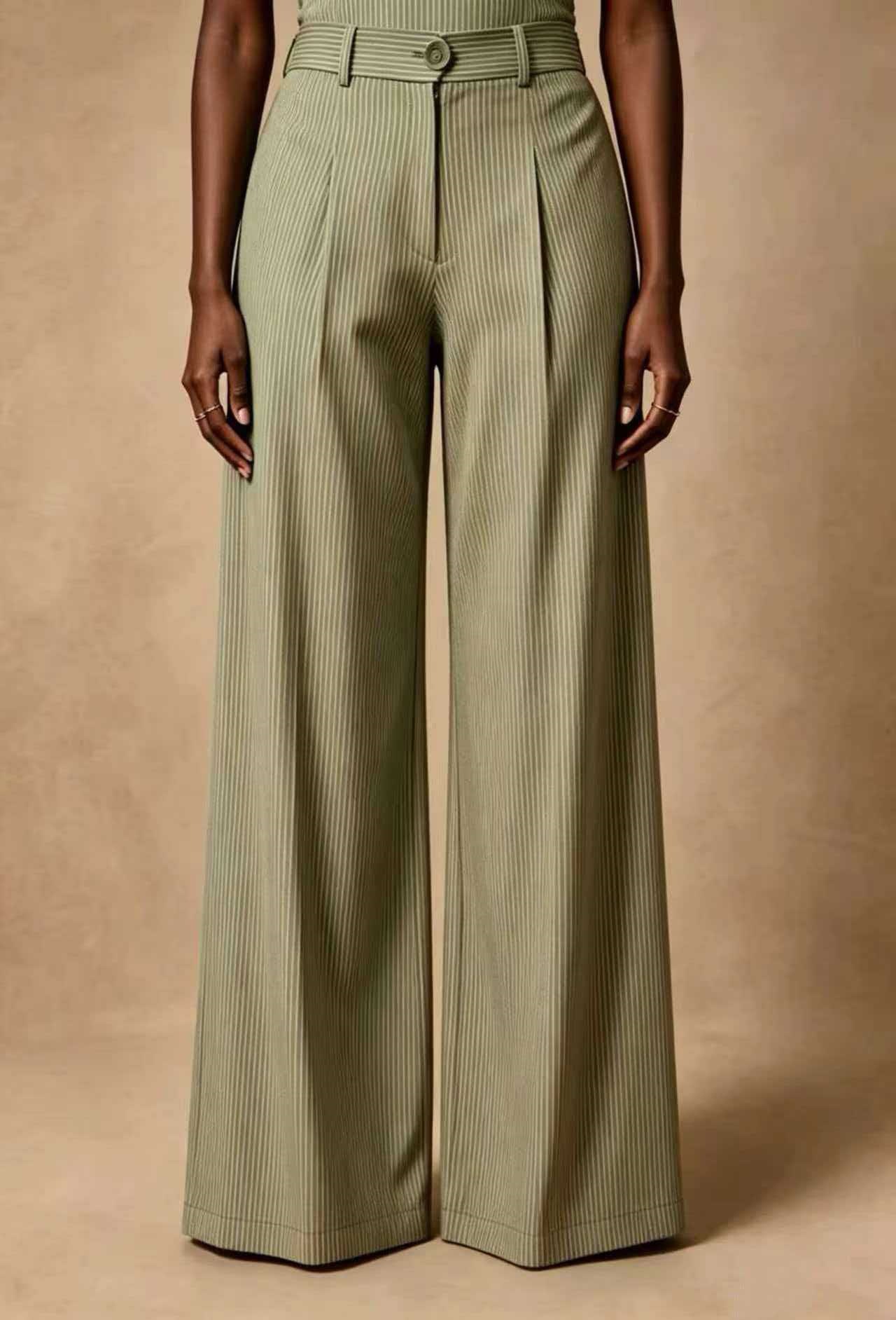 Retro High-Waist Pleated Wide-Leg Striped Pants