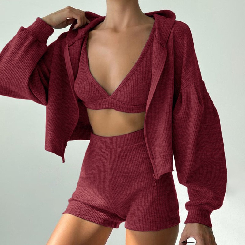Women's Zip-Up Hooded 3-Piece Lounge Set Cropped Top
