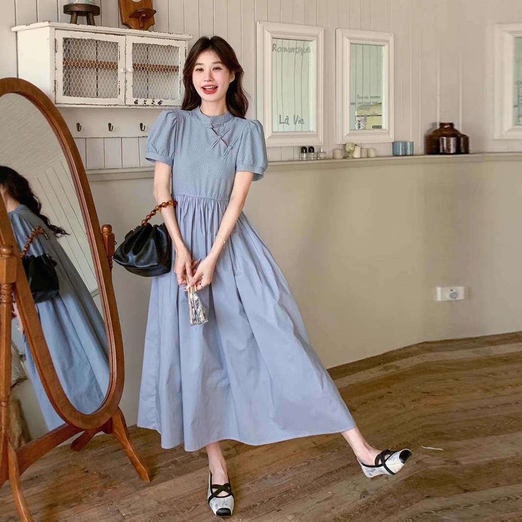 Blue New Chinese Style Dress Summer Short Sleeve A-Line Long Qipao-Inspired