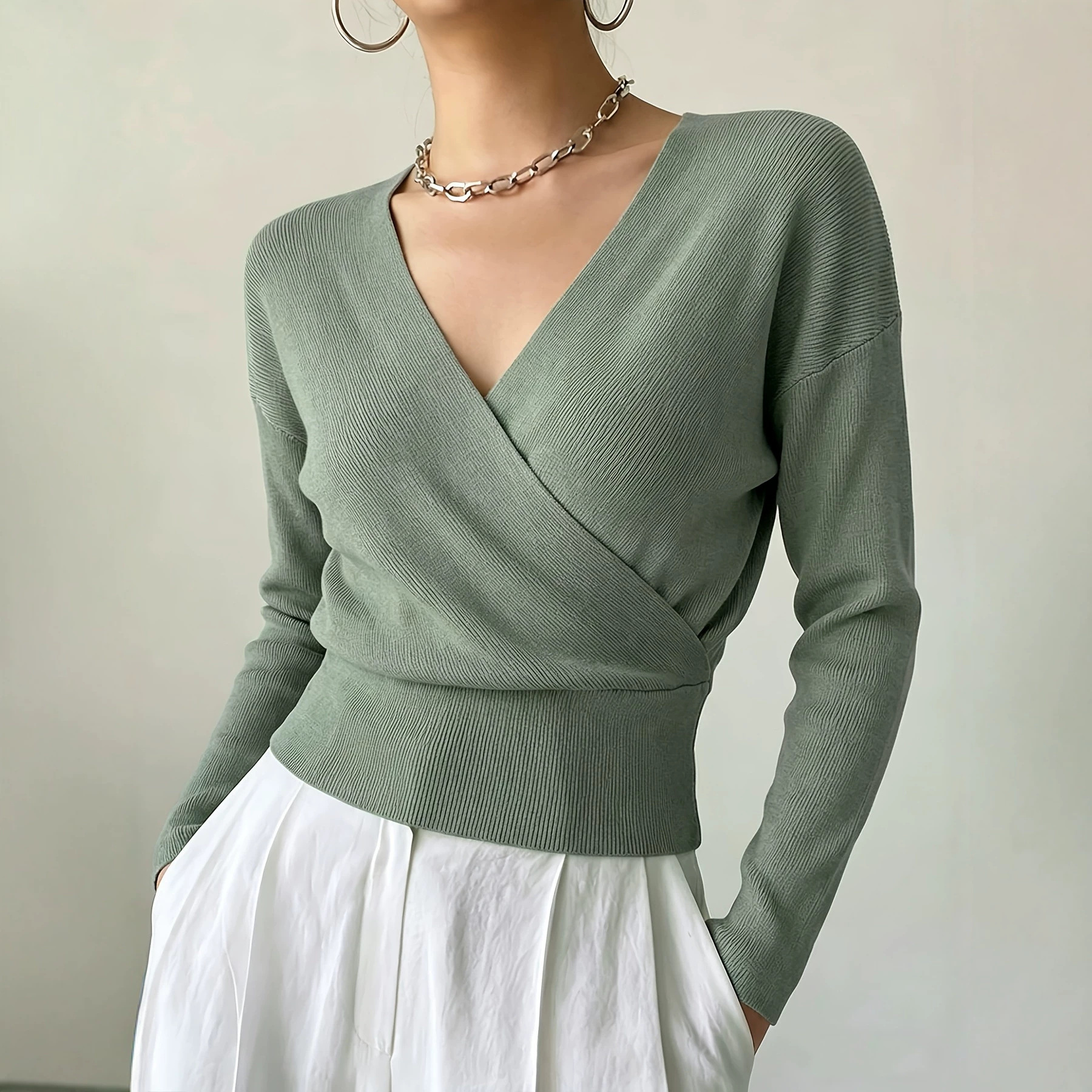 Women's Long Sleeve Cross V-Neck Knit Sweater Slimming Solid Color