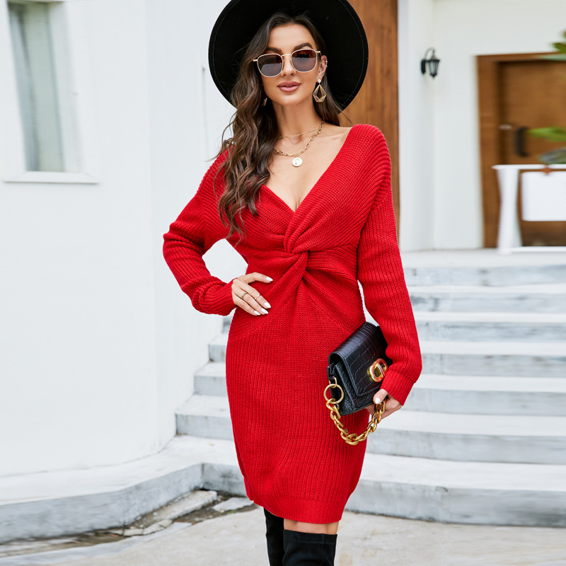 Women's Long Knit Sweater Dress with Open Back and Twist Knot Detail