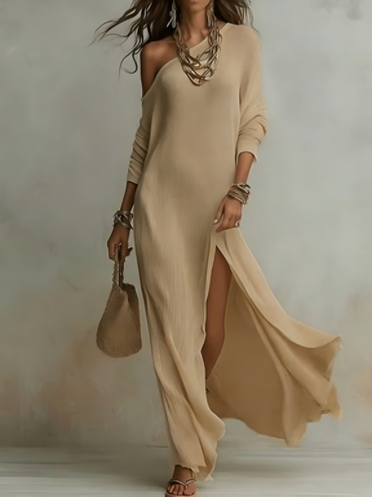 Elegant Long Sleeve Knit Pleated Slit Dress