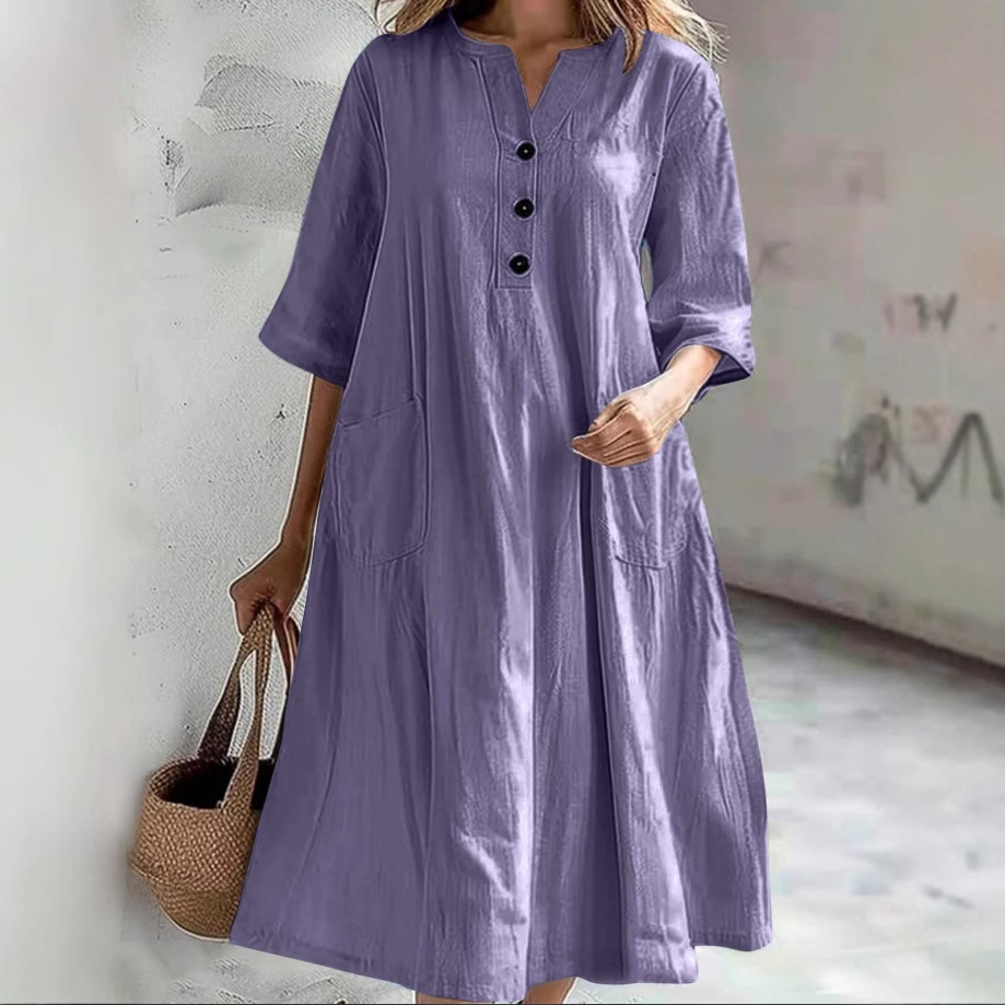 Women's Midi V-Neck Half-Sleeve Cotton-Linen Loose Dress with Three Buttons and Pockets