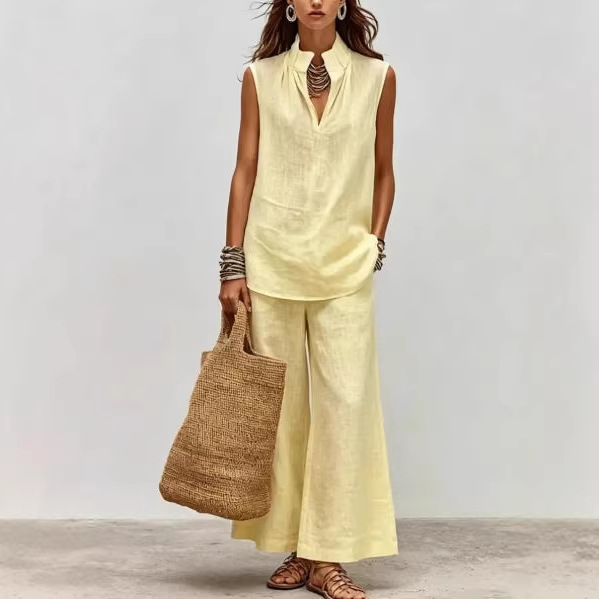Solid Sleeveless Deep V Stand Collar Two-Piece Pants Set