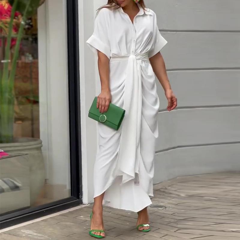 Women's High-Waist Collared Long Shirt Dress