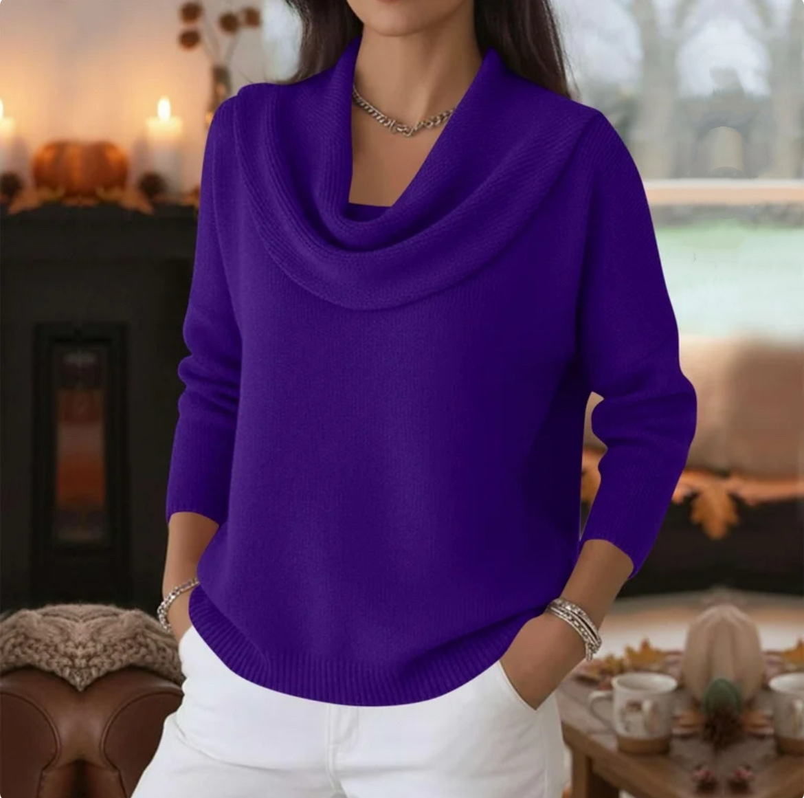 Women's Solid Color Long Sleeve Cowl Neck Knit Pullover Sweater