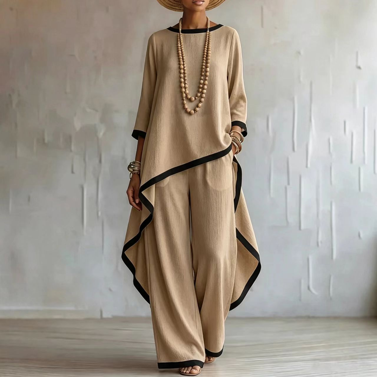 Women's Cotton-Linen Blend Asymmetric Long-Sleeve Top Set