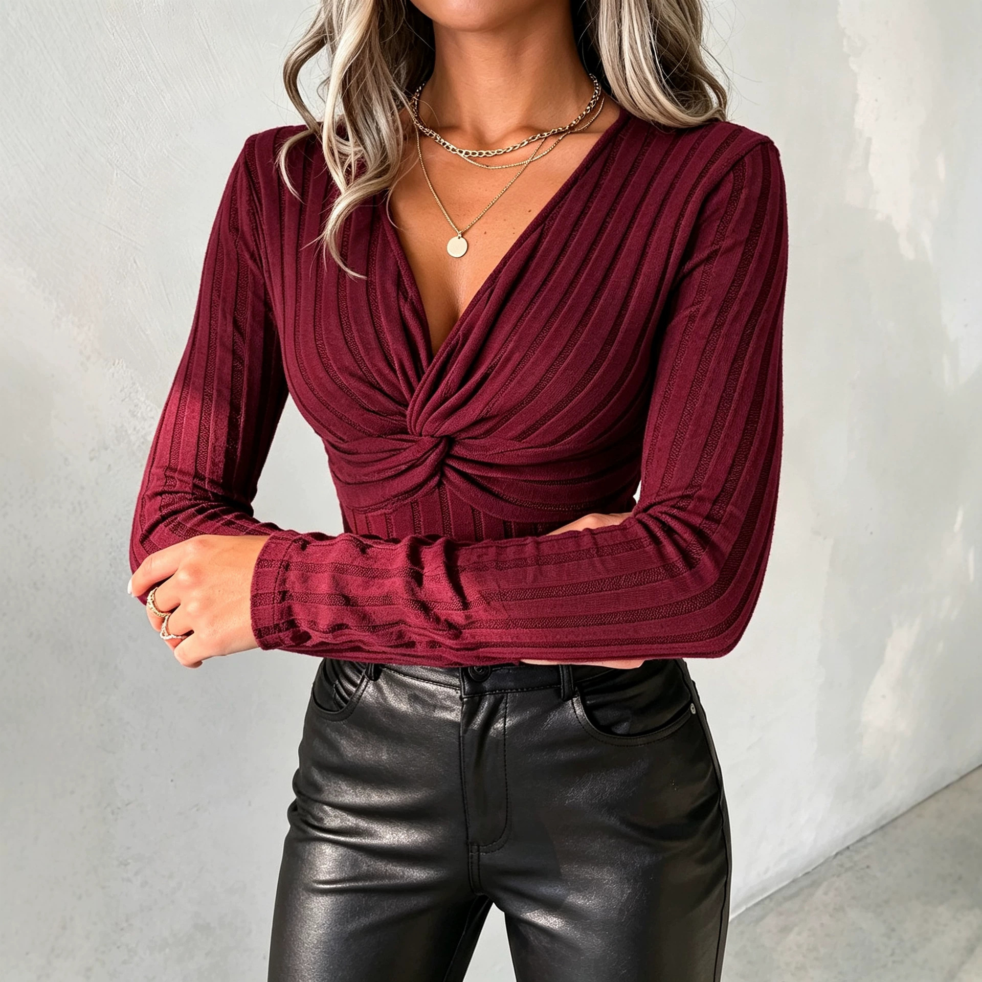 Wrap Twist Deep V-Neck Long Sleeve Slim Fit Top