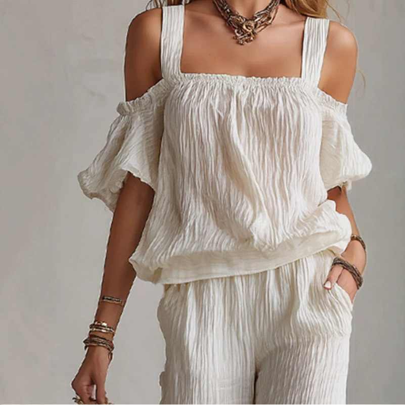 Minimalist White Tee & Wide-Leg Pants Set, Crinkled Polyester