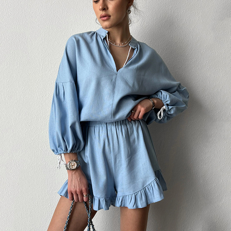 Women's Casual V-Neck Ruffle Top & Wide-Leg Pants Two-Piece Set
