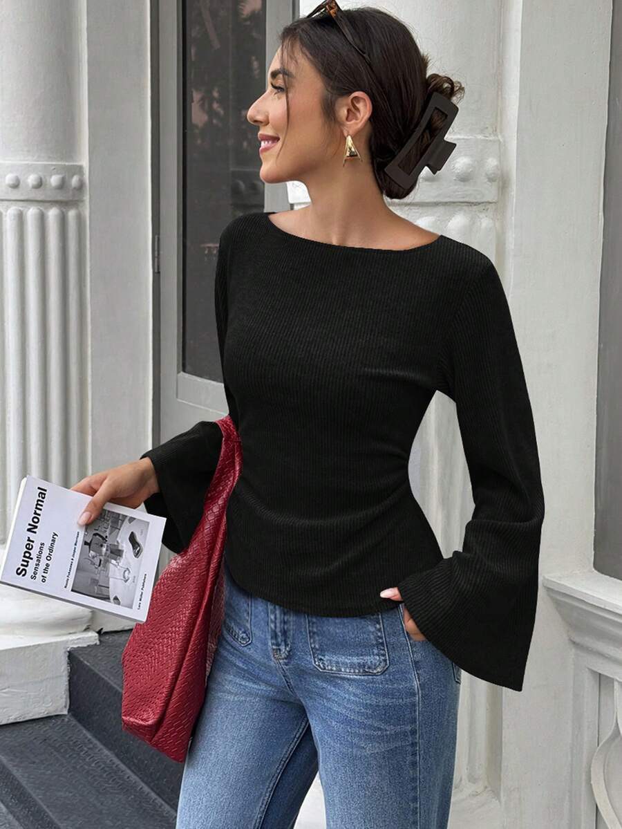 Slim Fit Knit Top with Round Neck and Flared Sleeves