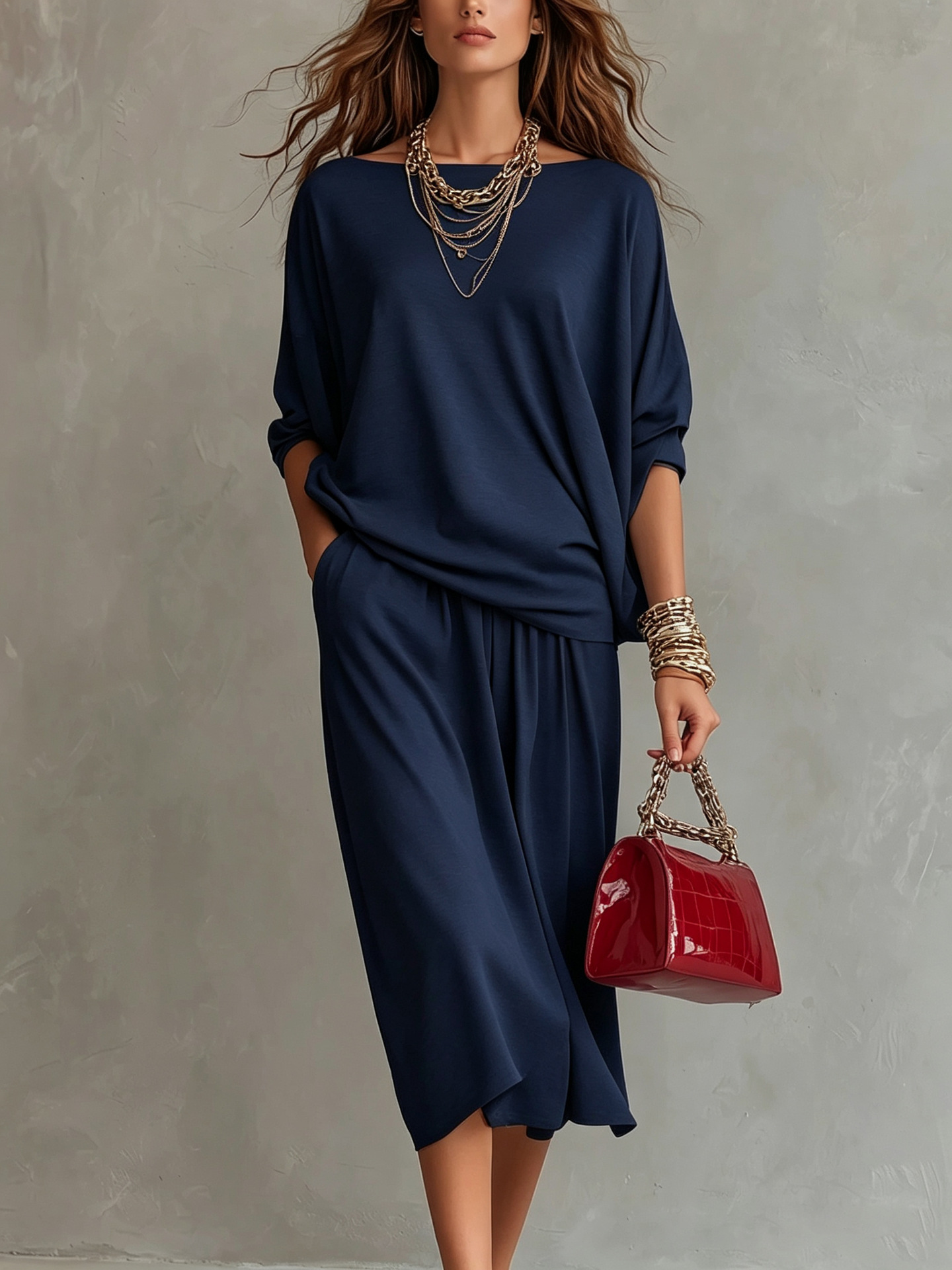 Off-Shoulder Knit Top & Midi Skirt Set Casual Loungewear