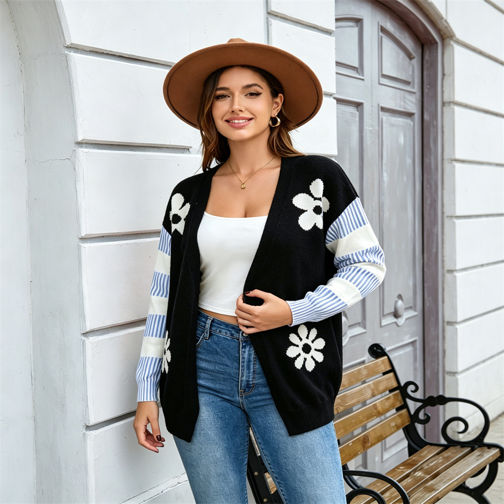 Women's Loose Knit Cardigan Color-Block Striped Floral Casual Top
