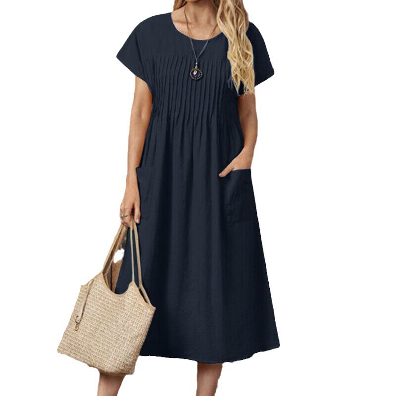 Women's Pure Cotton Long Dress Solid Crewneck Pocket Short Sleeve