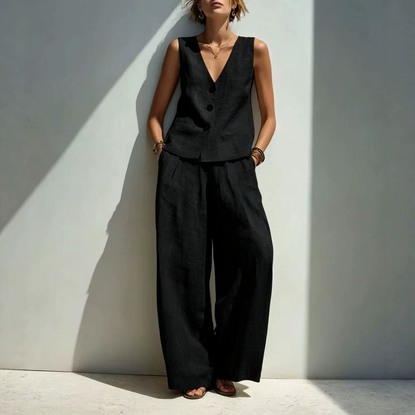 Linen-Blend V-Neck Button Tank Top & High-Waist Wide-Leg Pants Set