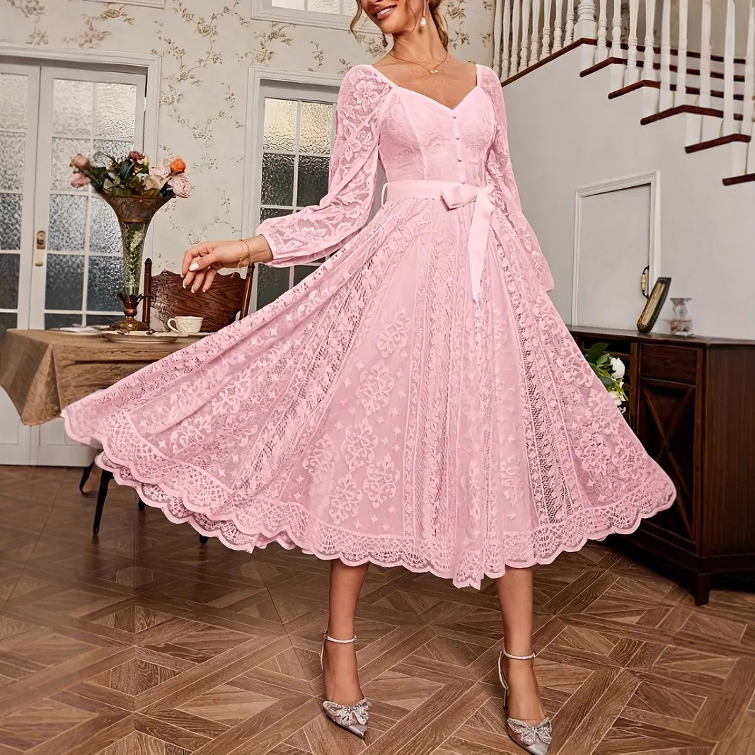 Elegant Vintage Lace V-Neck Long Sleeve A-Line Maxi Dress