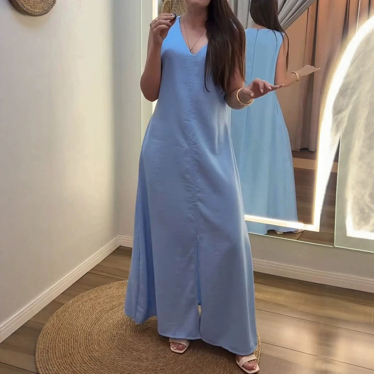 Women's Solid V-Neck Sleeveless Loose Cotton-Linen Maxi Dress