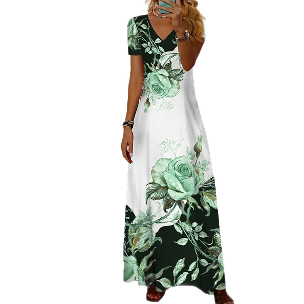 Women's Floral Print V-Neck Button Midi Dress